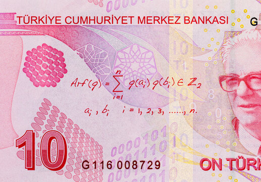 Banknote 10 Lirasi Turkey With a portrait of mathematician Cahit Arf. Paper Money of Turkey.