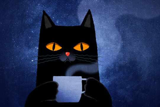 Black cat enjoying coffee under starry night sky