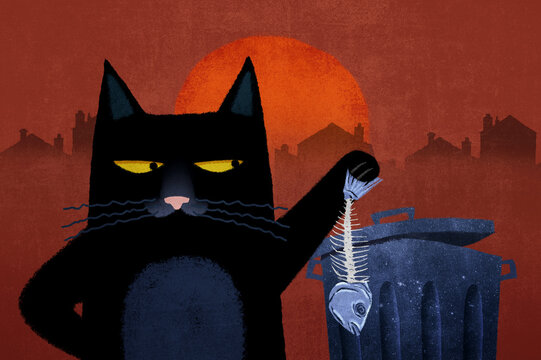 Mischievous cat holds fishbone at sunset illustration