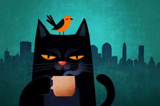 Cat enjoying a coffee with a bird companion