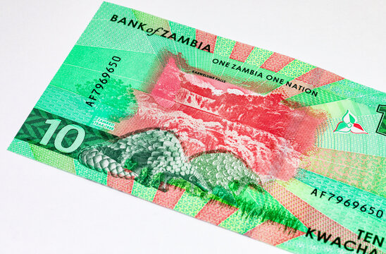 10 Kwacha Zambia with the image of kabwelume falls. Money of Zambia and Africa.