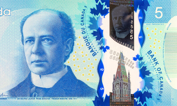 5 Dollars Canada, 2013 with a portrait of Sir Wilfrid Laurier. Polymer money of Canada.