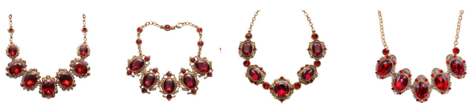Elegant gold necklace collection with large red ruby gemstones for luxury isolated on transparent background