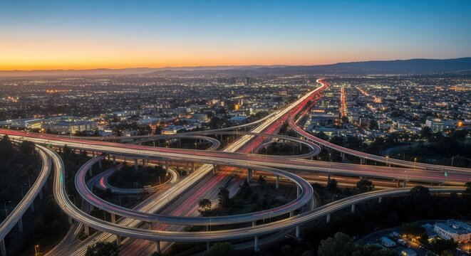 Aerial View Of A Complex Highway Interchange At Sunset With Light Trails