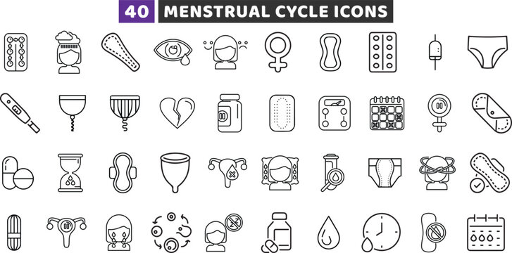 Menstrual cycle and women health line icon set. Vector outline period and hygiene symbols.