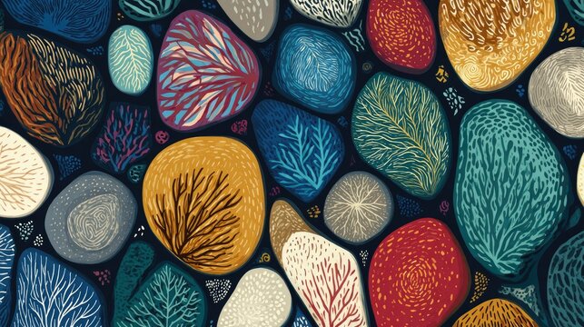 Abstract illustration of colorful pebble like forms on a dark background