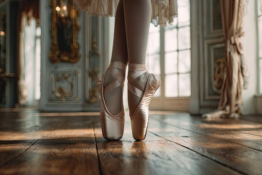 An elegant ballerina gracefully balances on her pointe shoes in a sunlit ballroom. The scene exudes grace and poise.
