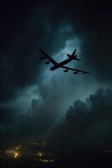 Fototapeta premium Flight through clouds at night over a city with bright lights and smoke in the distance
