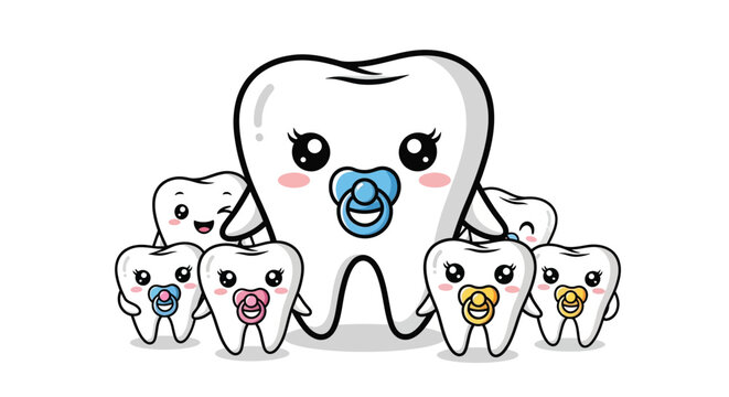 Cute cartoon teeth with pacifiers illustration