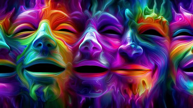 Vibrant Rainbow Faces Abstract Design Expressing Complex Emotions