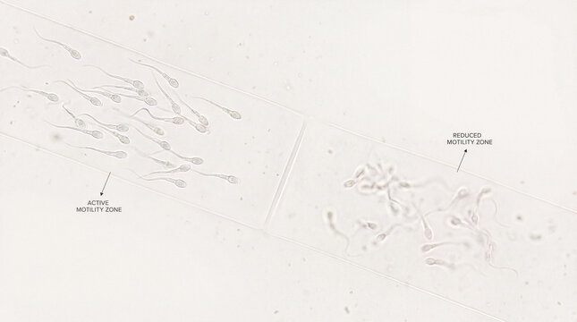 Close up microscope image showing sperm cells in active and reduced motility zones on glass analysis slide. Concept of semen quality testing and reproductive laboratory diagnostics.