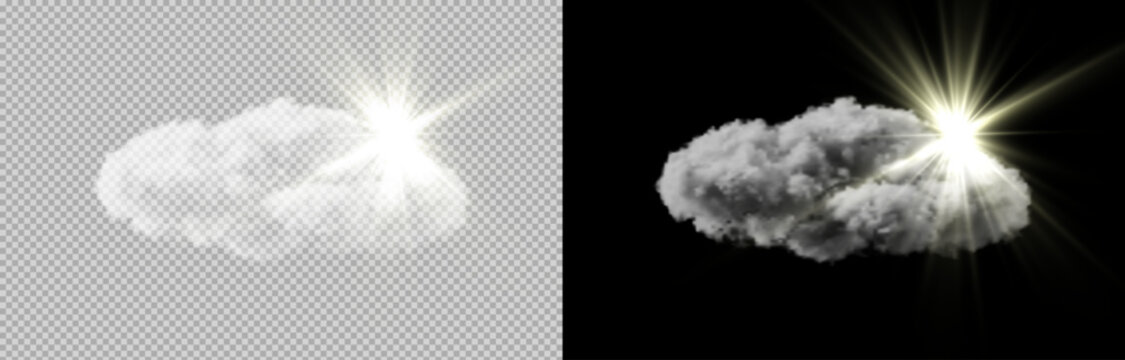 Bright sun rays shining behind a soft white cloud isolated on transparent and black background, glowing light effect perfect for weather design, overlays and compositions.