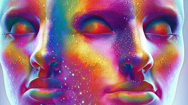 Abstract Humanoid Faces Splashed With Colorful Paint and Glitter