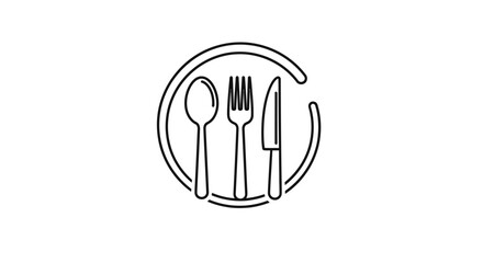 Fototapeta premium Cutlery outline icon with spoon, fork, and knife in black circle on isolated white background