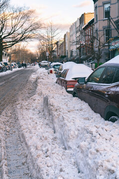 Urban streets blanketed by winter snowfall aftermath