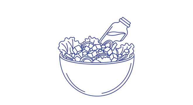 A simple line drawing depicts a bowl of salad being dressed with oil high quality professional