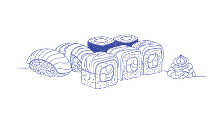 A minimalist line drawing depicts several pieces of sushi and a dollop of wasabi high quality © Pvect02