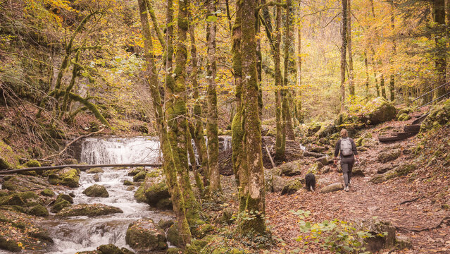 Autumn hike at Cascades du Herisson trail in Jura, France