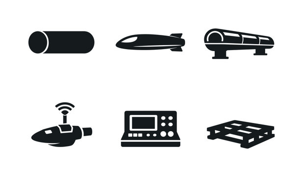 Solid vector icons of near-zero-pressure rail systems: vacuum tube shell, streamlined vehicle core, pressure-stabilized path;