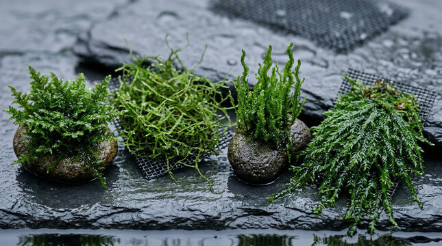 Aquarium moss varieties on stones and mesh pads including java and flame