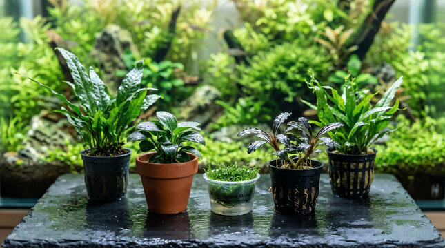 Aquatic plants in small pots with java fern anubias and bucephalandra