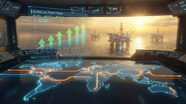 Global oil price trends displayed on futuristic control room screen with world map and offshore rigs