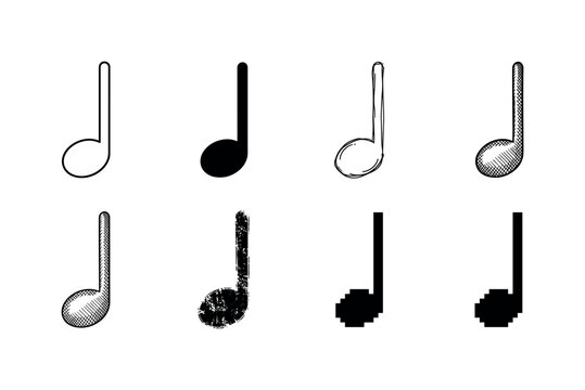 Collection of eight different musical eighth note symbols in various artistic styles