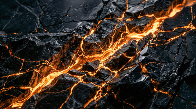 Molten lava glowing through cracked black rock surface, dramatic abstract texture with fiery energy and high contrast natural pattern.