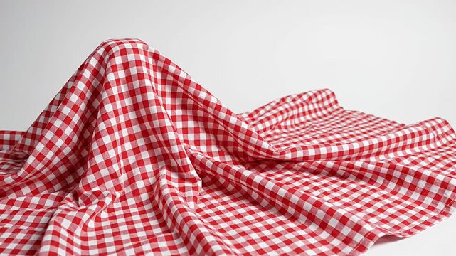 Crumpled red and white gingham fabric texture on white background