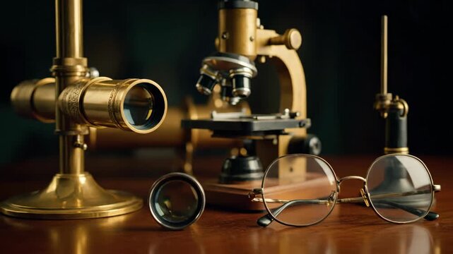 Antique brass telescope and microscope in a dimly lit setting