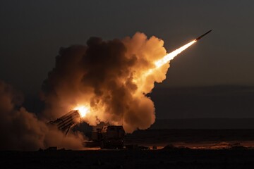 Naklejka premium Military launch system fires missile during nighttime operation in a conflict zone