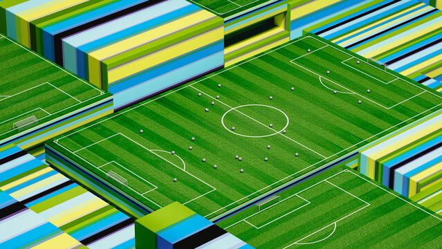 Soccer field view with geometric shapes during World Cup event