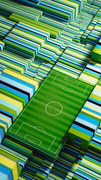 Soccer field view with geometric shapes during World Cup event
