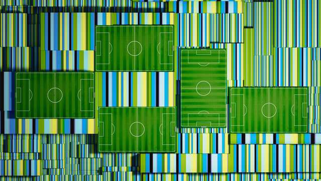 Soccer field view with geometric shapes during World Cup event
