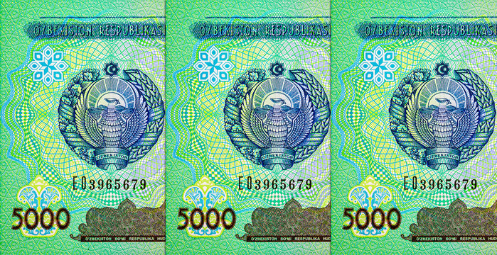 5000 Sum Uzbekistan with the image of the State emblem of Uzbekistan. paper money of Uzbekistan