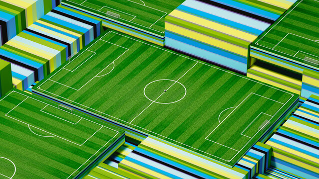 Soccer field view with geometric shapes during World Cup event
