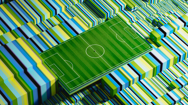 Soccer field view with geometric shapes during World Cup event