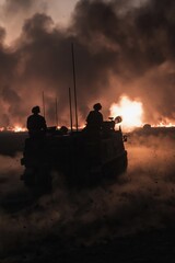 Naklejka premium Military vehicle moves through smoke and fire during operation in a conflict zone at dusk