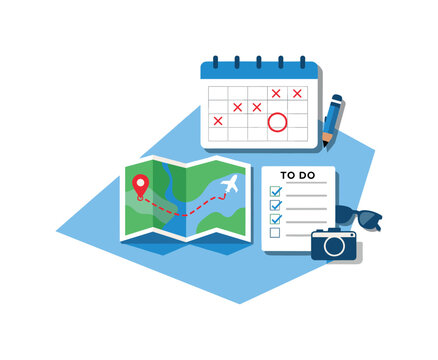 Minimalist Travel Planner. Refined contemporary vacation itinerary planning concept with essential calendar map and checklist