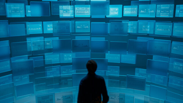 Silhouette of man observing multiple digital screens with graphics
