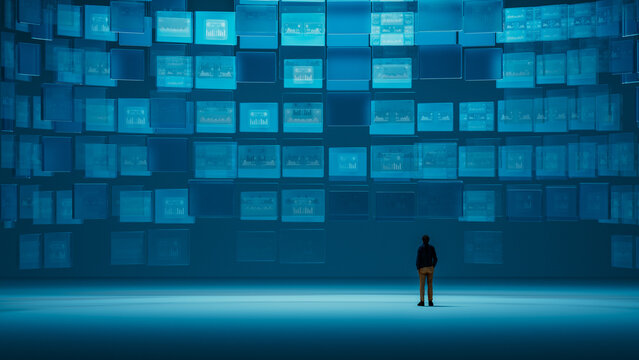 Silhouette of man observing multiple digital screens with graphics