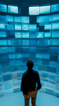 Silhouette of man observing multiple digital screens with graphics