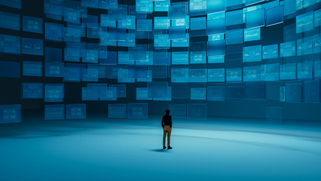 Silhouette of man observing multiple digital screens with graphics