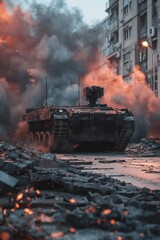 Naklejka premium Military tank moves through war-torn city street surrounded by smoke and fire in the evening light