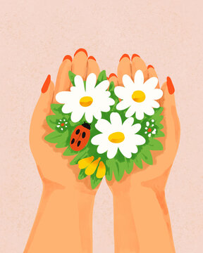 Hands holding spring flowers with a ladybug