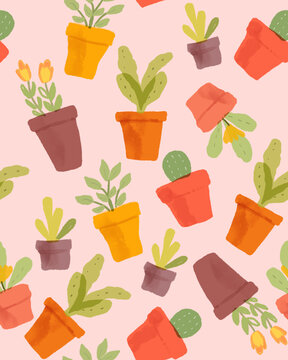 Colorful spring plant illustration with potted flowers