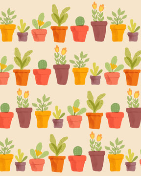 Colorful spring illustration of potted plants and flowers