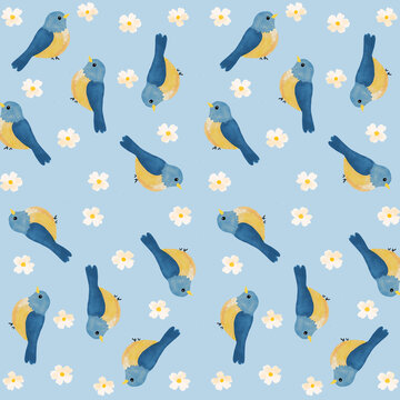 Spring illustration with bluebirds and flowers