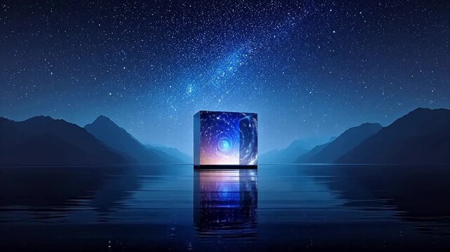 cube in starry night landscape
