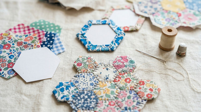 English paper piecing hexagons in various stages with joined rosettes